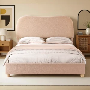 Upholstered Boucle Platform Bed with Curved Shaped Headboard & Soft Rounded Corners
